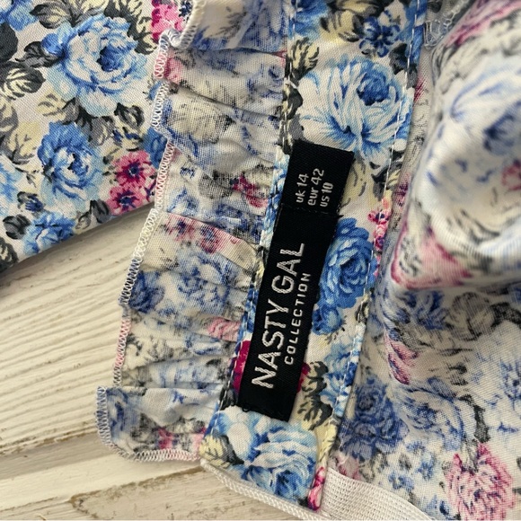 Nasty Gal Floral Print Dress 10 Blue Pink White Long Sleeve Mini Ruffles - Picture 10 of 12